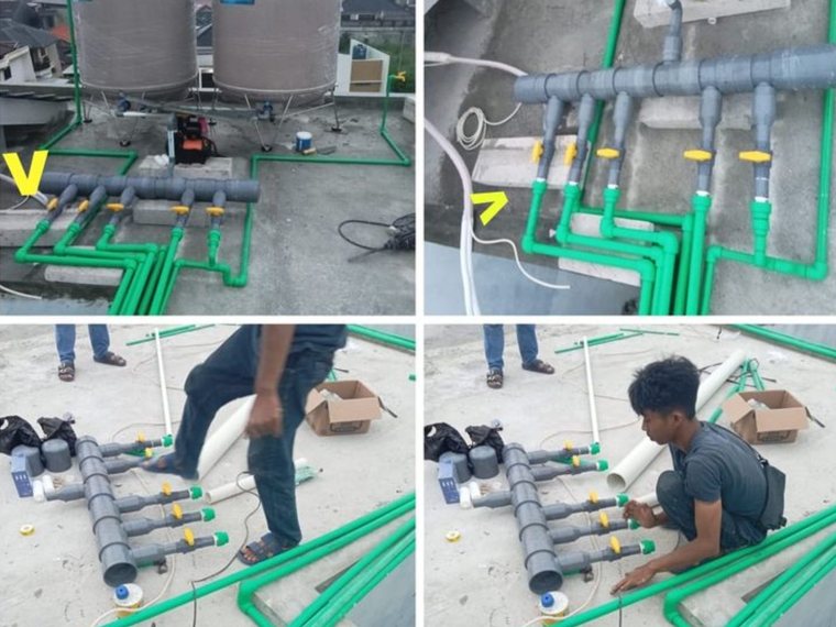 Instalasi jalur pipa dan dua tandon air di rooftop hunian Tangerang